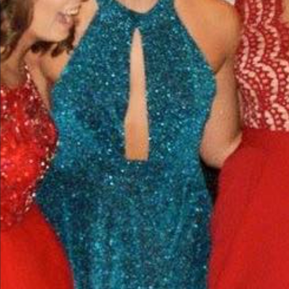 High neck teal dress
